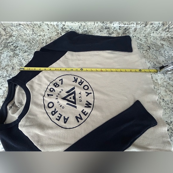 Aeropostale Navy Blue and Beige Waffle Knit Long Sleeve Logo Thermal Top Size XL - Picture 8 of 8